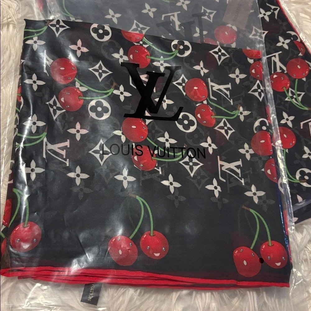 LOUIS VUlTTON 100% silk cherry print monogram scarf 40x40 custom print design